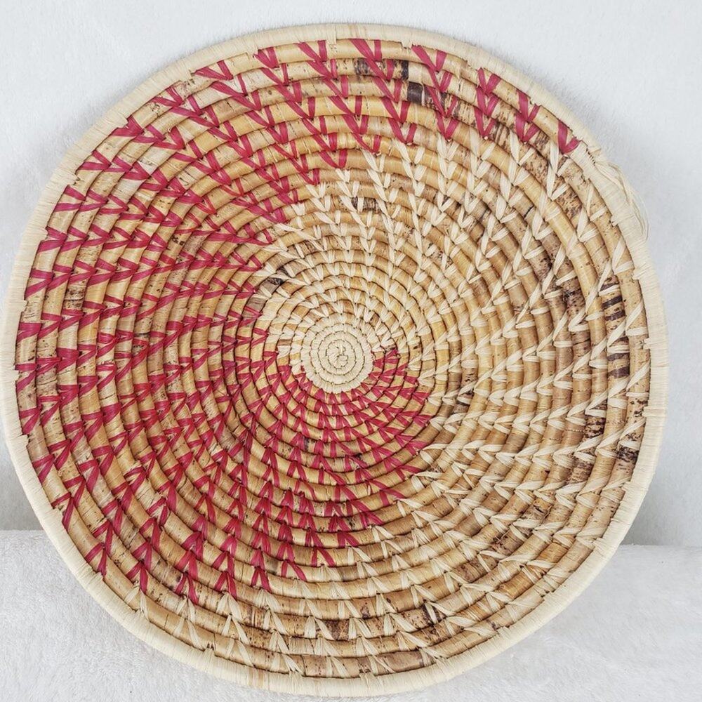 Hand Woven Basket Uganda Grass Spiral Pattern Pink Tan 13" Bowl Wall Fair Trade